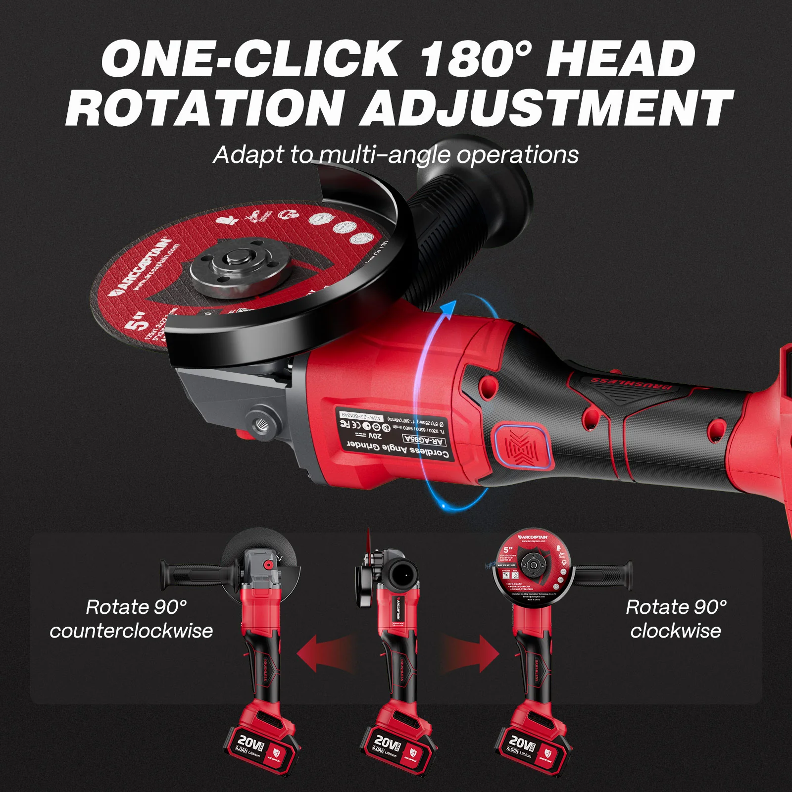 20V Brushless Cordless Angle Grinder AC-AG95, 3-Speed Grinder Kit - Image 5