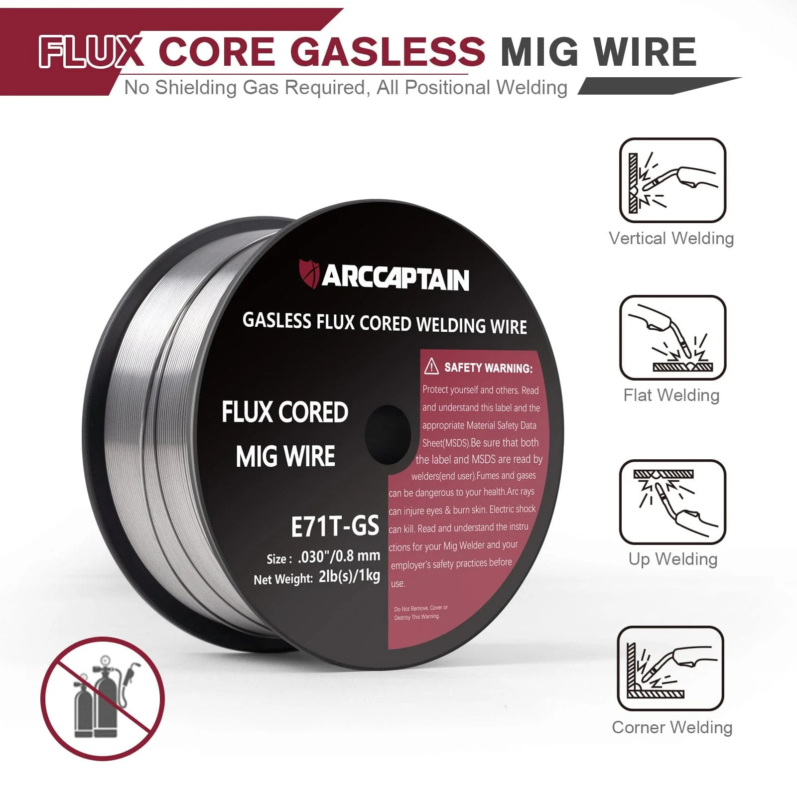 Arccaptain ‎E71T-GS Flux Core Wire 2 Lbs Spool Gasless Carbon Steel MIG Wire - Image 3