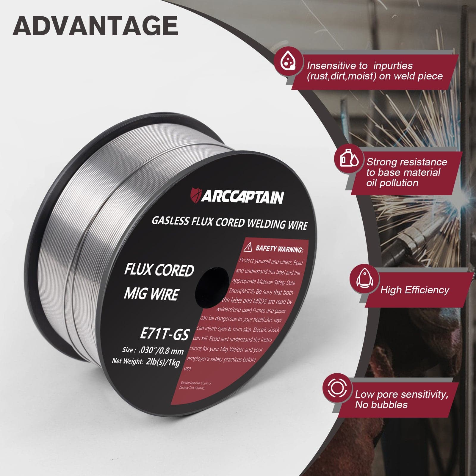 Arccaptain ‎E71T-GS Flux Core Wire 2 Lbs Spool Gasless Carbon Steel MIG Wire - Image 4