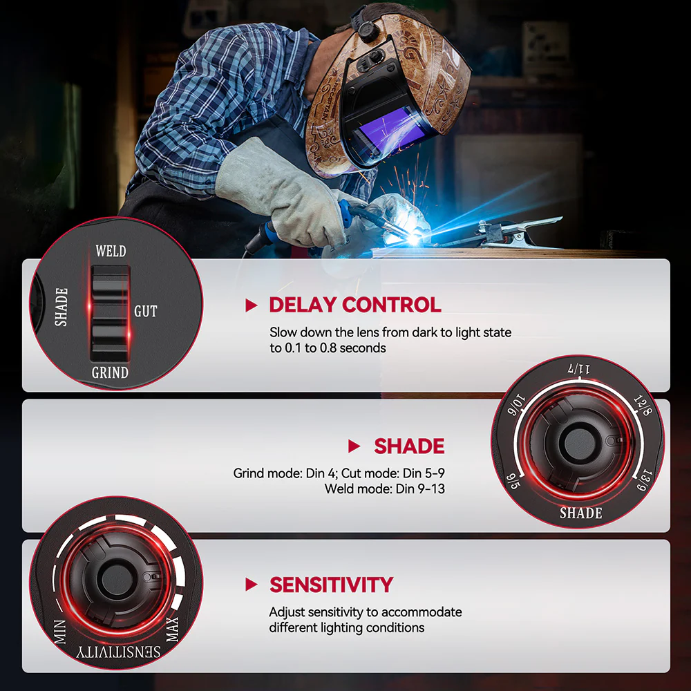 EXSpace X200 Auto Dim Welding Hood Wood Etched - Image 6
