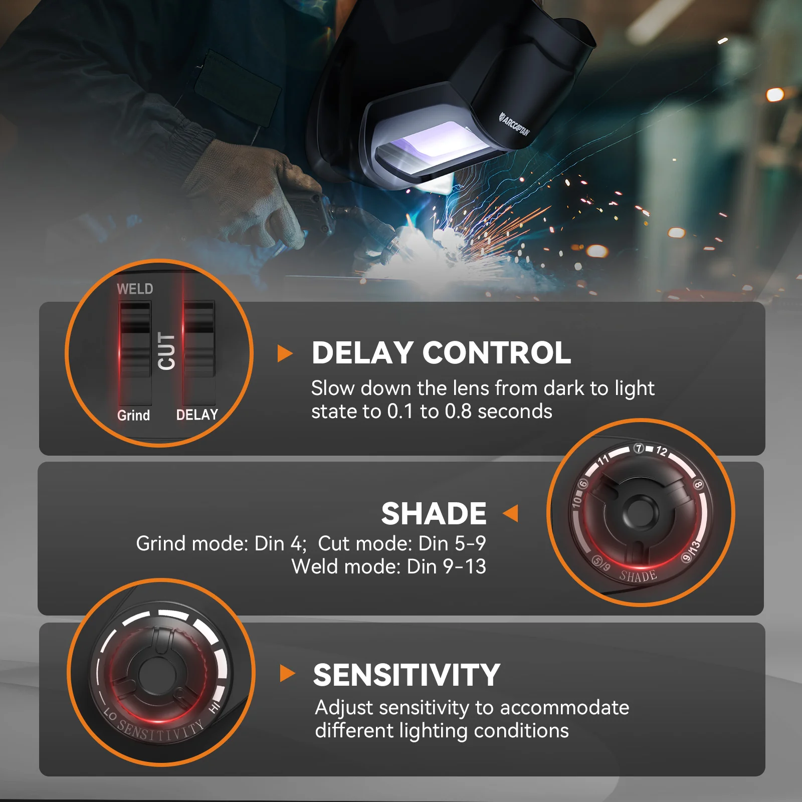 ARCCAPTAIN ARC TIG MIG True Color Welding Helmet Cyber City VisionMax X200，Large Viewing Screen Welding Helmet True Color Auto Darkening Solar Powered 4 Arc Sensor Welding Hood - Image 6